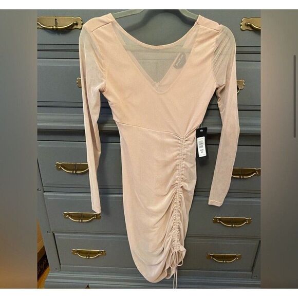 Bebe New Bodycon Solid Beige Nude Sheer Long Sleeve Ruched Mini Dress Xs - Picture 6 of 12